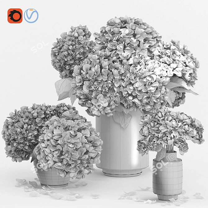Elegant White Hydrangea and Peony Twig Vases 3D model image 2