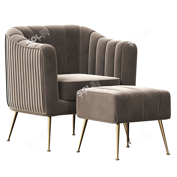 Luxury Velvet Accent Chair & Ottoman 3D model image 6