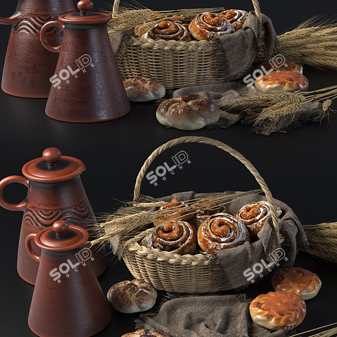 Artisan Buns in Wicker Basket 3D model image 4