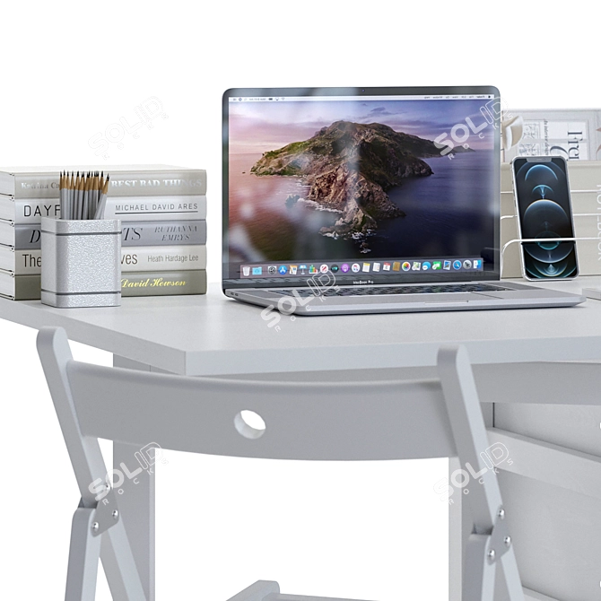 Modern Office Set: Desk, Chair, MacBook, iPhone 3D model image 4