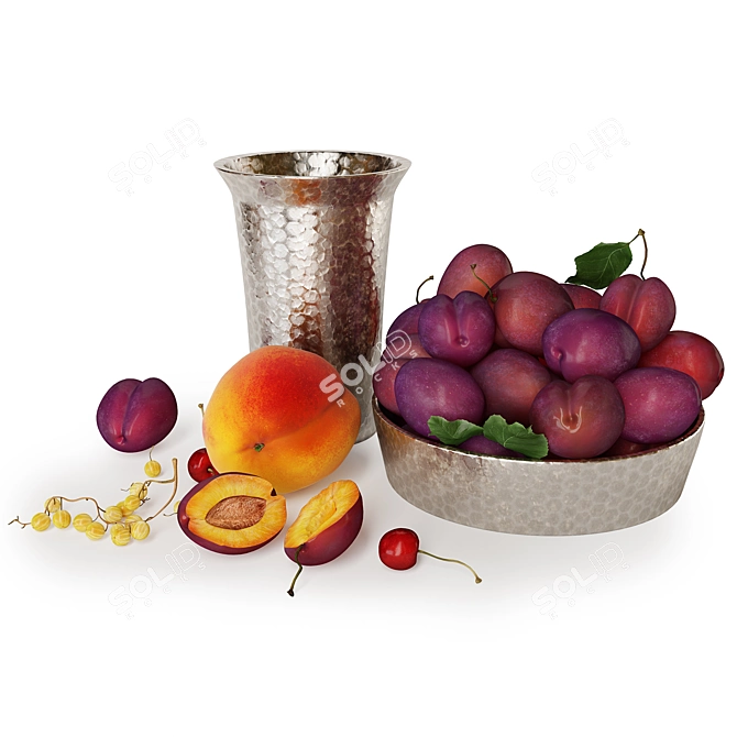 Plum Fruit Set: Realistic Still Life Sculpture 3D model image 3