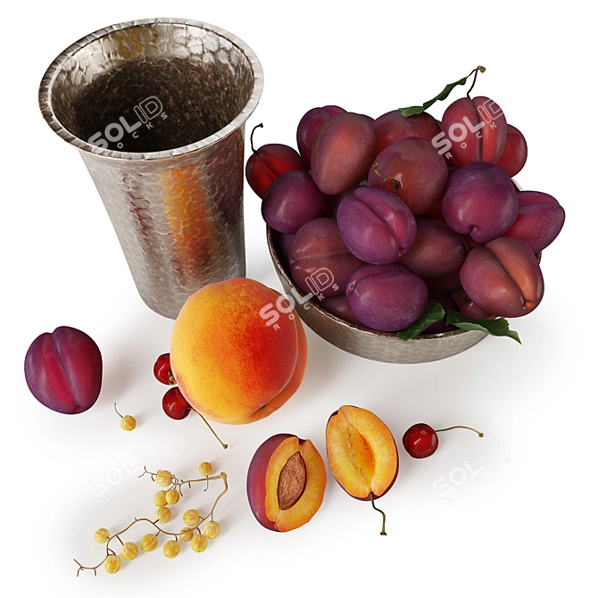 Plum Fruit Set: Realistic Still Life Sculpture 3D model image 5