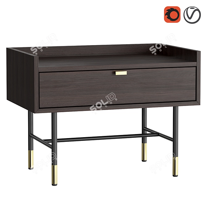 Elegant Walnut Bedside Table with Golden Accents 3D model image 1