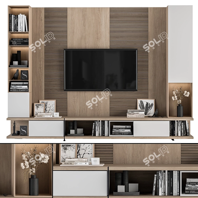 Modern White and Wood TV Wall 3D model image 1