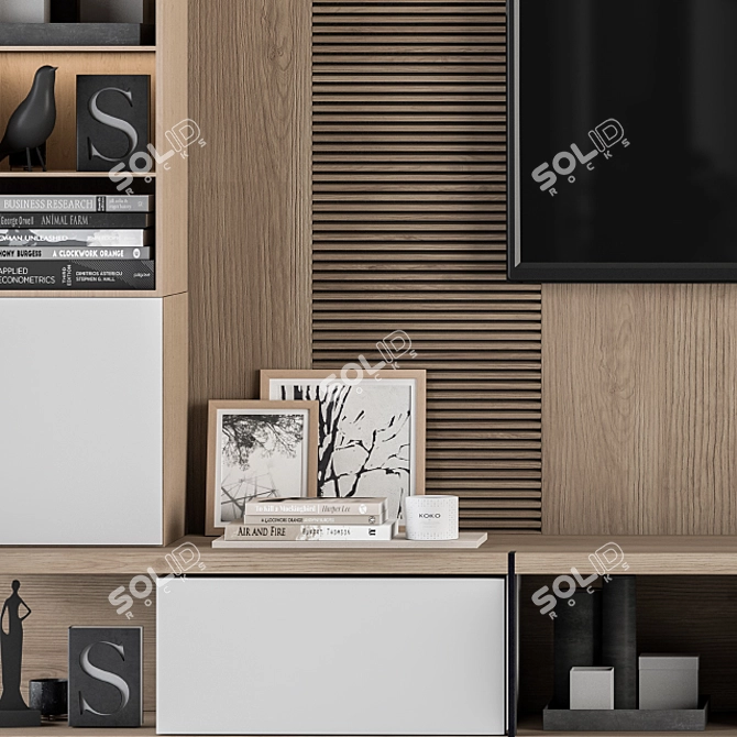 Modern White and Wood TV Wall 3D model image 2