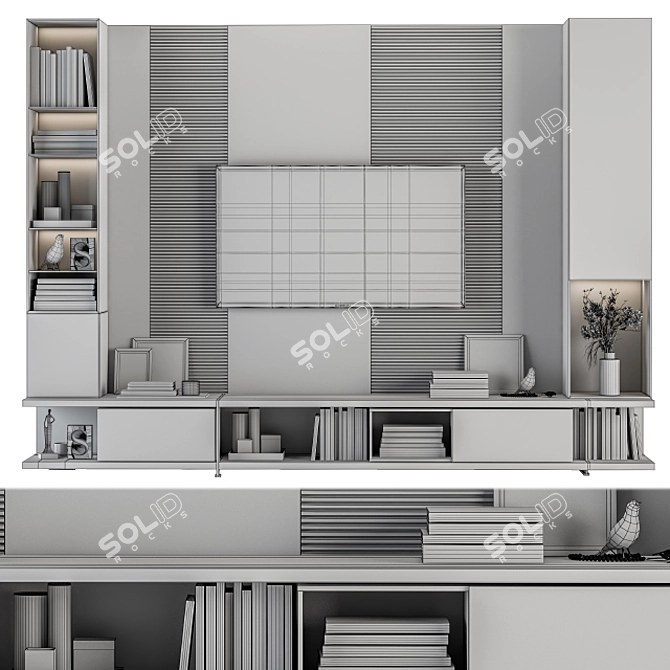 Modern White and Wood TV Wall 3D model image 4