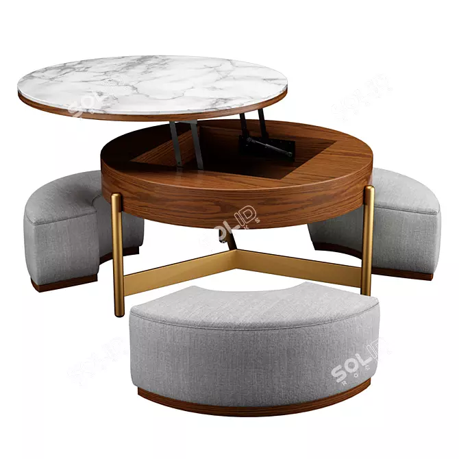 Transforming Coffee Table with 3 Stools 3D model image 1