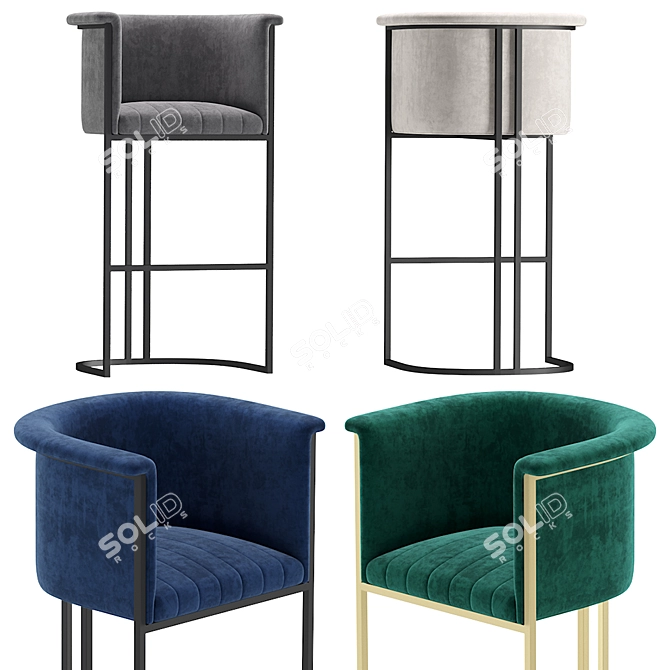 Velvet Modern Barstool 3D model image 2