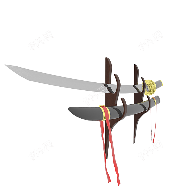 Golden Wall-Mounted Katana with Sheath 3D model image 2