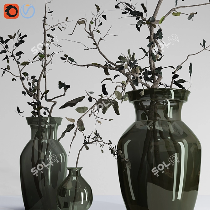 Dried Olive Branch Bouquet in Glass Vase 3D model image 3