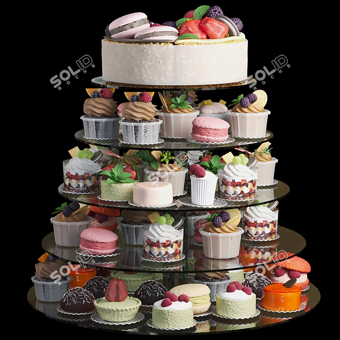 Wedding Dessert Set: Chocolate Cake Cupcake Pie Muffin Macarons 3D model image 1