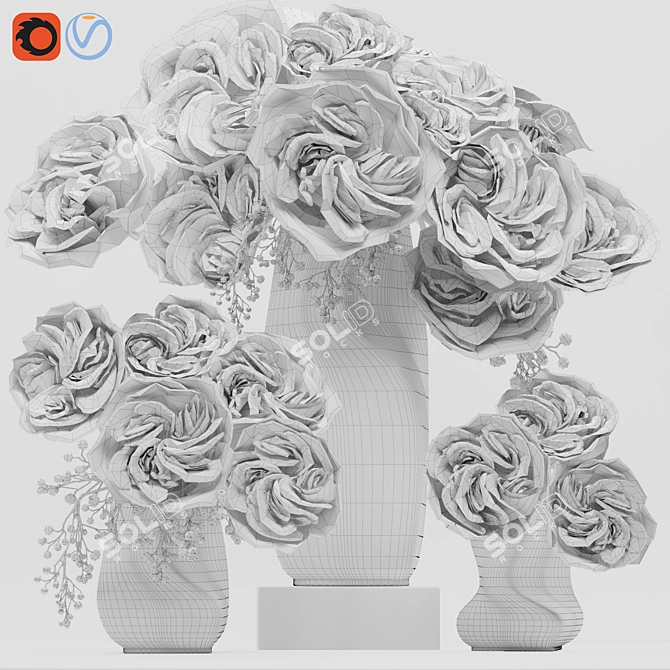Premium Ohara Garden Rose Bouquet with Decor Glass Vase 3D model image 2