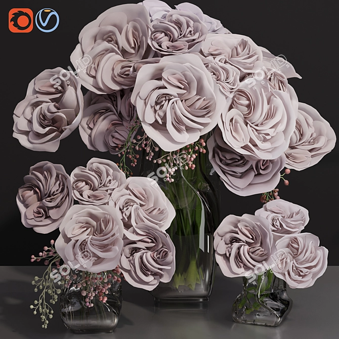 Premium Ohara Garden Rose Bouquet with Decor Glass Vase 3D model image 3