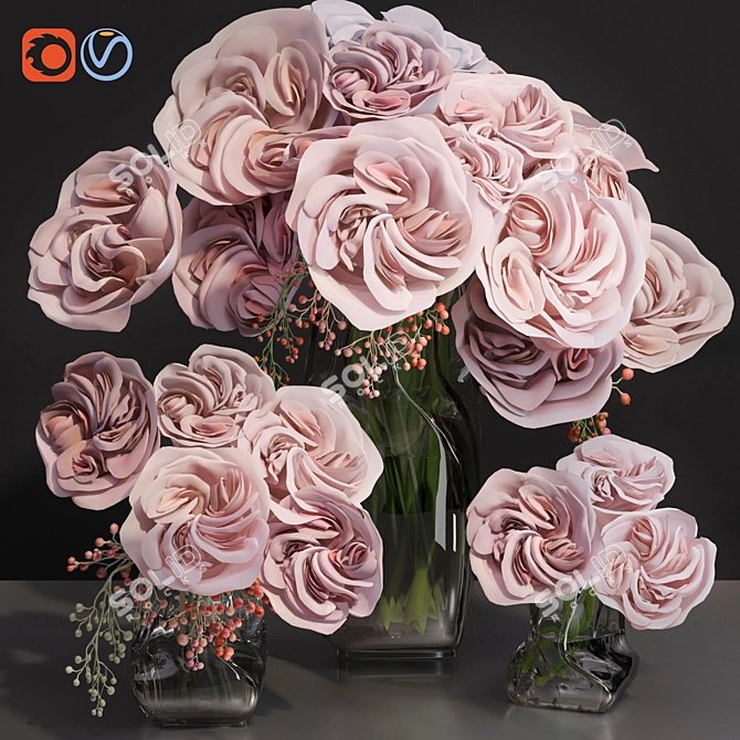 Premium Ohara Garden Rose Bouquet with Decor Glass Vase 3D model image 5