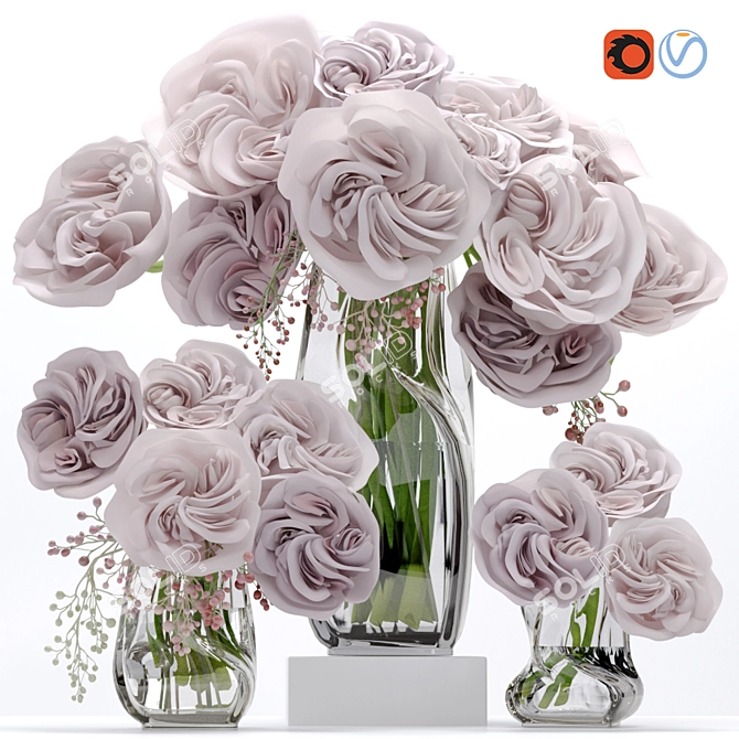 Premium Ohara Garden Rose Bouquet with Decor Glass Vase 3D model image 7