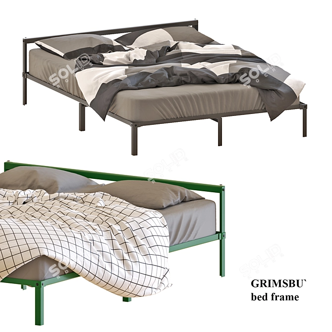 GRIMSBU Queen Bed - Gray/Green - Stylish and Versatile 3D model image 1