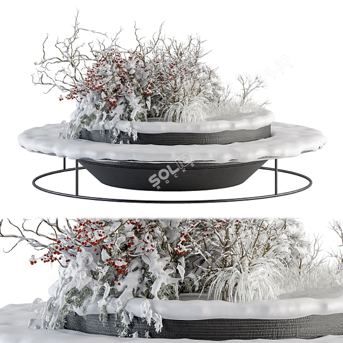 Urban Snowy Bench Set with Plants 3D model image 1