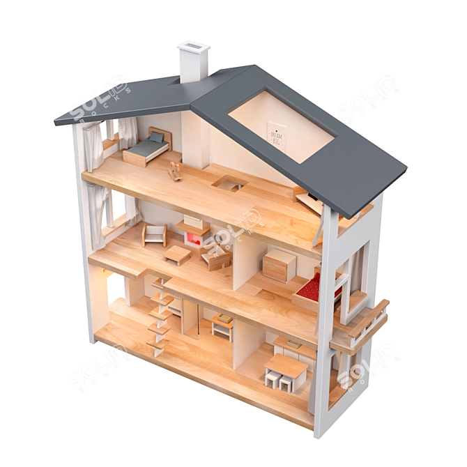 Nordic Style Three-story Dollhouse with Light 3D model image 4