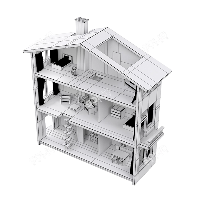 Nordic Style Three-story Dollhouse with Light 3D model image 5