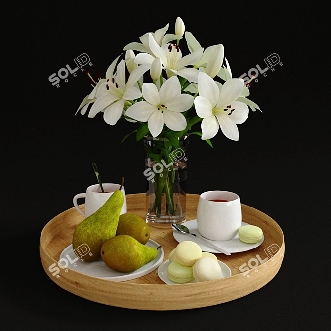 Morning Bliss: Breakfast Tray, Coffee & Macaroons 3D model image 1