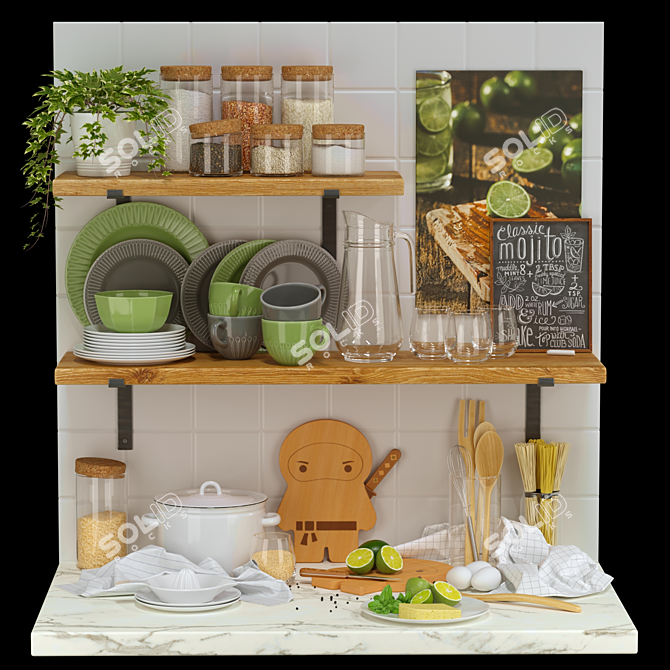 Kitchen Essentials Set: Cutting Board, Dinnerware, Pitcher, Glasses, Planter 3D model image 1