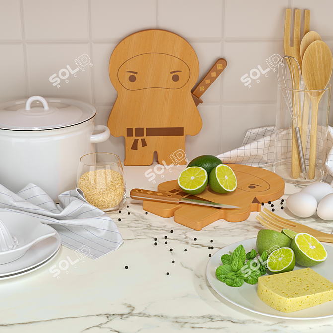 Kitchen Essentials Set: Cutting Board, Dinnerware, Pitcher, Glasses, Planter 3D model image 6