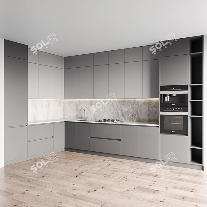 Modern Kitchen Set: Gas Hob, Oven, Coffee Machine, Sink & Hood 3D model image 2