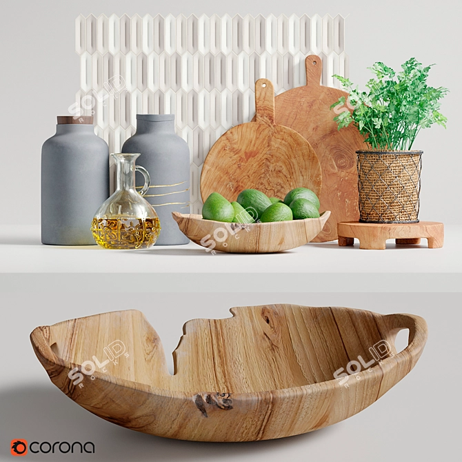 Teak Kitchen Decor Set with Mosaic Glazed Ceramic 3D model image 5