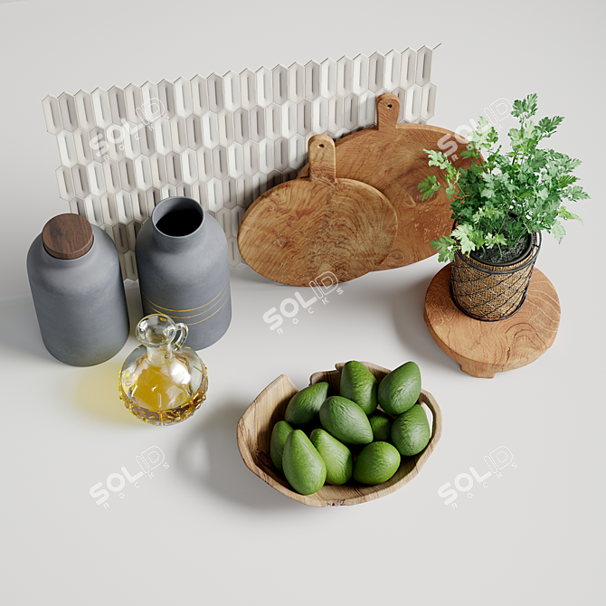 Teak Kitchen Decor Set with Mosaic Glazed Ceramic 3D model image 6
