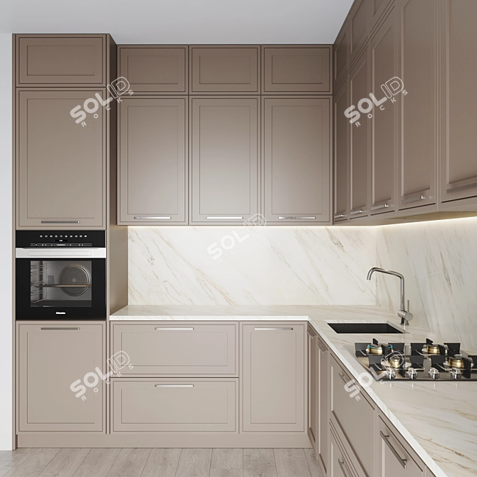 Modern Kitchen Set with Gas Hob, Oven, Sink & Hood 3D model image 3