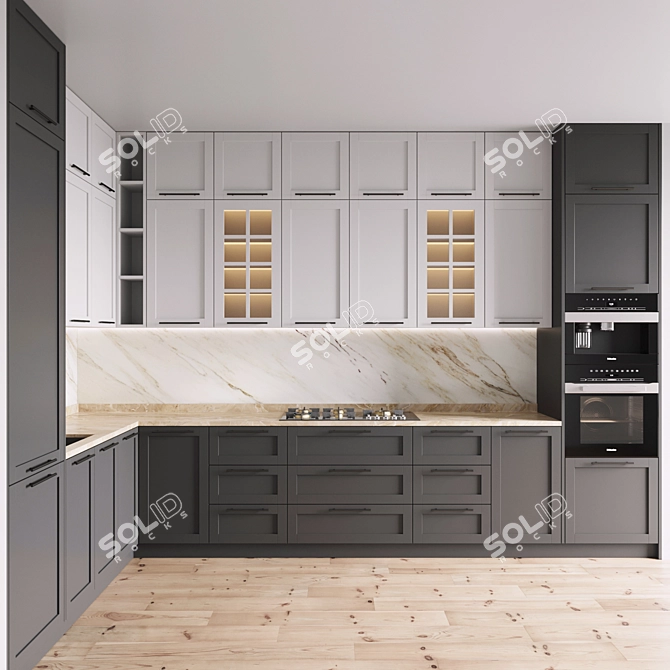 Modern Kitchen 076 with Gas Hob, Oven, Coffee Machine 3D model image 2