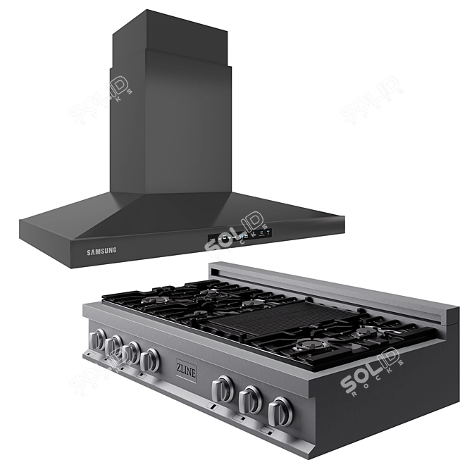 Sleek Metal Hood & Stove Combo 3D model image 1