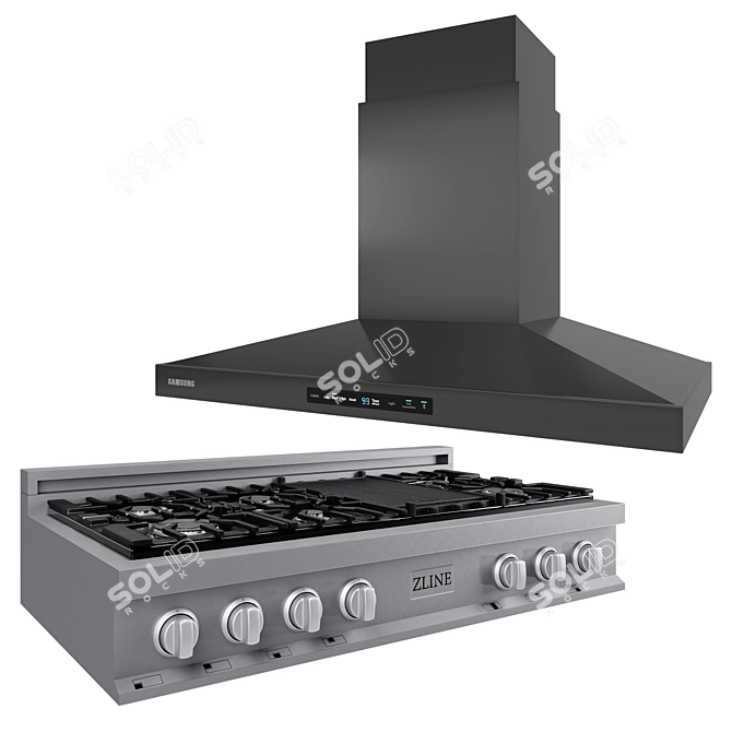 Sleek Metal Hood & Stove Combo 3D model image 3