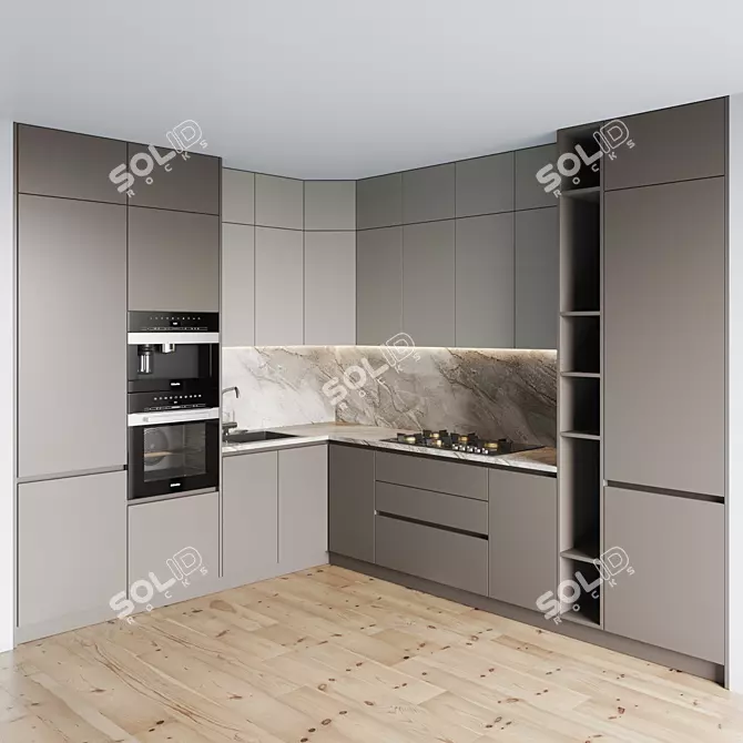 Modern Kitchen Set: Gas Hob, Oven, Coffee Machine, Sink & Hood 3D model image 1