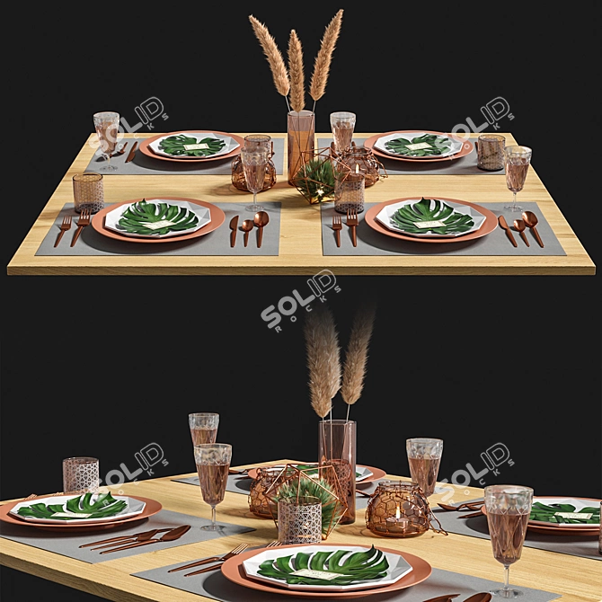 Elegant Leaf-themed Table Setting 3D model image 1