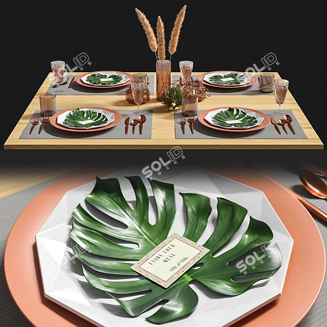 Elegant Leaf-themed Table Setting 3D model image 7