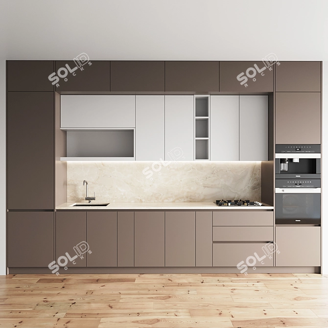 Modern Kitchen Set with Gas Hob, Oven, Coffee Machine, Sink & Hood 3D model image 1