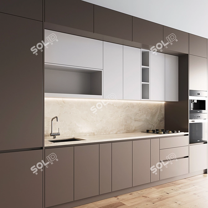 Modern Kitchen Set with Gas Hob, Oven, Coffee Machine, Sink & Hood 3D model image 2