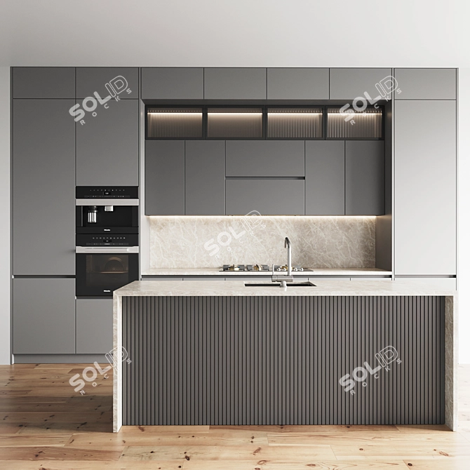 Modern Kitchen Set 085: Gas Hob, Oven, Coffee Machine, Sink & Hood 3D model image 1