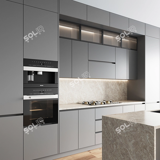 Modern Kitchen Set 085: Gas Hob, Oven, Coffee Machine, Sink & Hood 3D model image 2