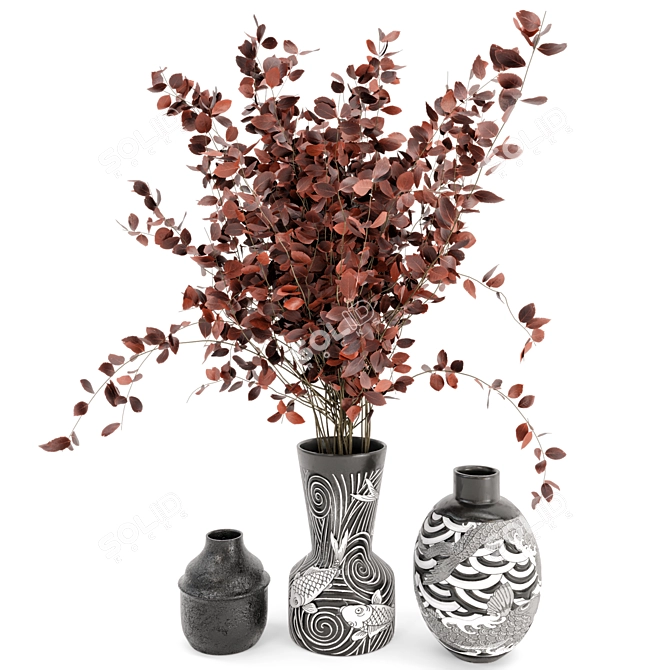 Rusty Handmade Pots with Indoor Dry Plants 3D model image 2