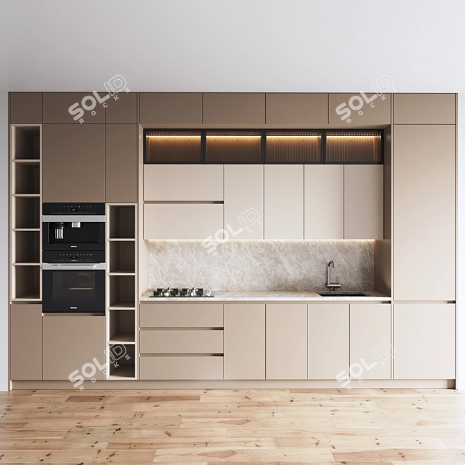 Modern Kitchen Set with Gas Hob, Oven, Coffee Machine, Sink, and Hood 3D model image 1