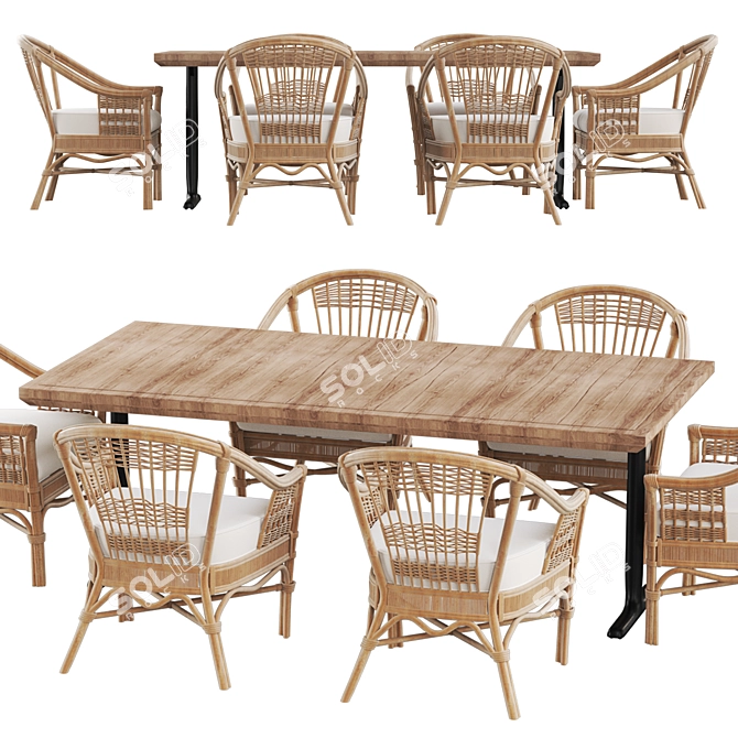 Rattan Charm: Teak Outdoor Table with Bermuda Rattan Chair 3D model image 2