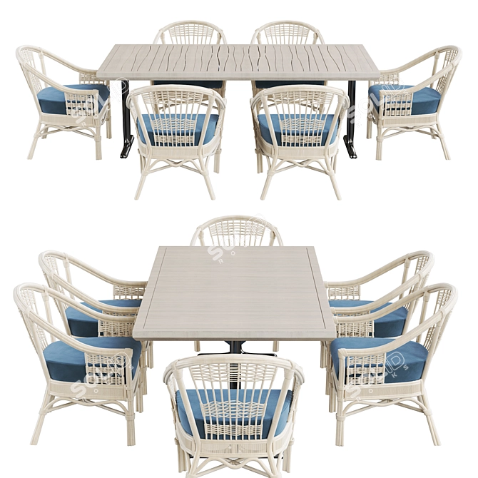 White Rattan Table Set 3D model image 2