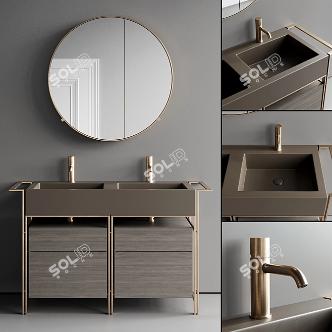Cielo Narciso Doppio Set 2: Ceramic, Steel, and Wood Vanity Unit with Drawers and Round Wall-Mounted 3D model image 1