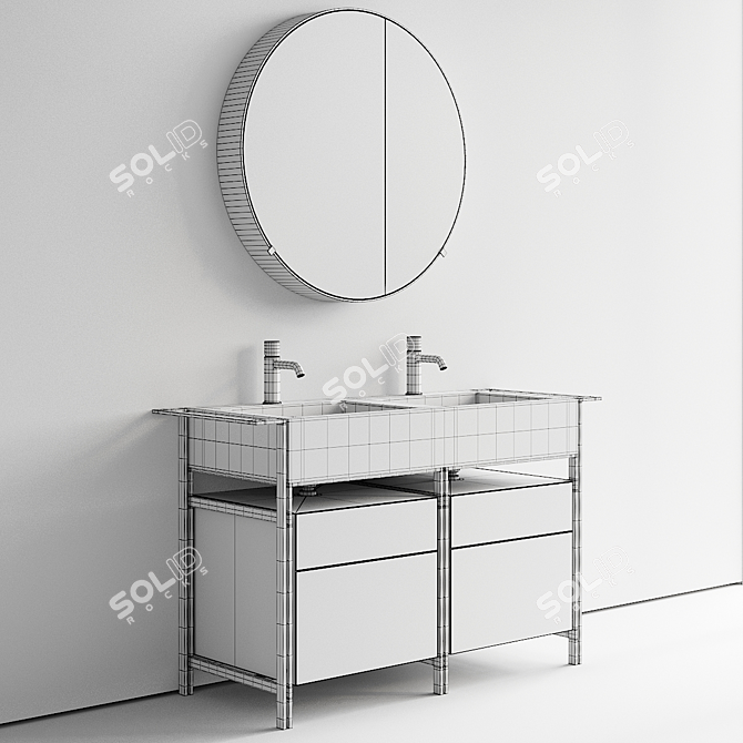 Cielo Narciso Doppio Set 2: Ceramic, Steel, and Wood Vanity Unit with Drawers and Round Wall-Mounted 3D model image 5