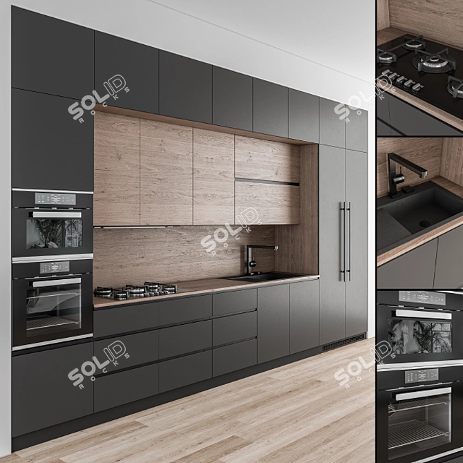 Modern Wood and Black Kitchen 3D model image 1