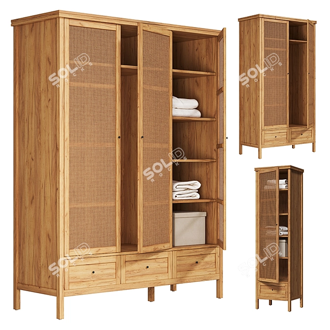 Gabin Pine & Wicker Wardrobe 3D model image 1