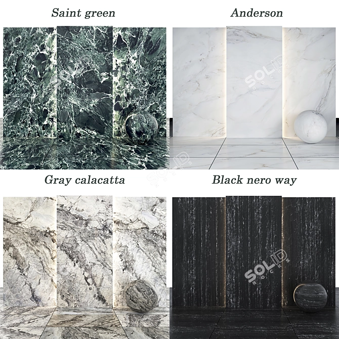 Marble Collection: Anderson, Saint Green, Gray Calacatta, Black Nero 3D model image 2