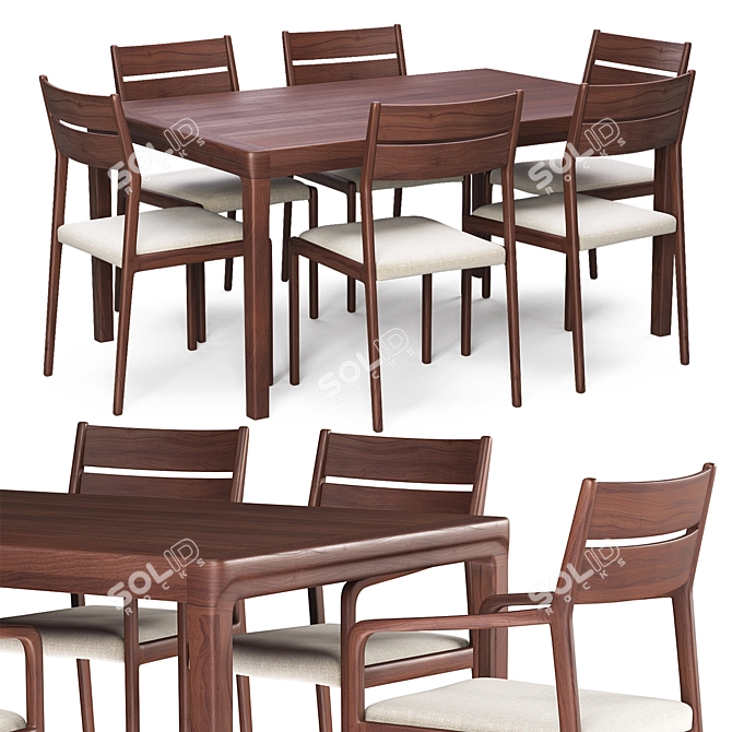 Modern Walnut Dining Set - Table & Chairs 3D model image 1